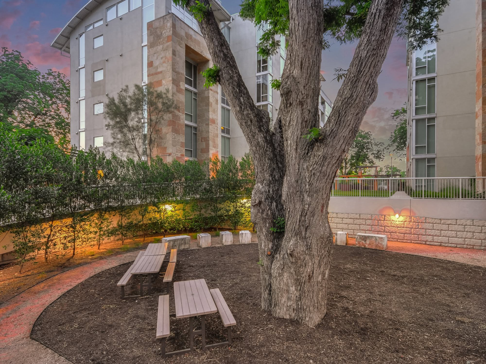 Outdoor courtyard at dusk